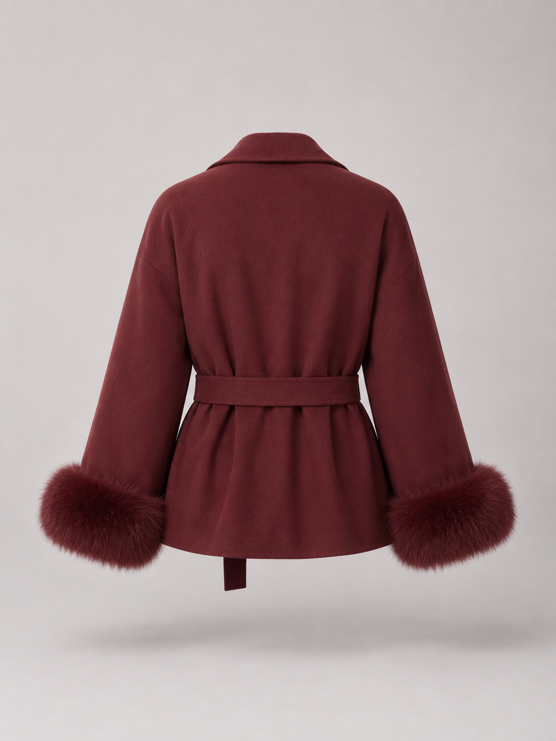 Cappotto Donna Corto con Cintura e Polsini in Pelliccia Sintetica