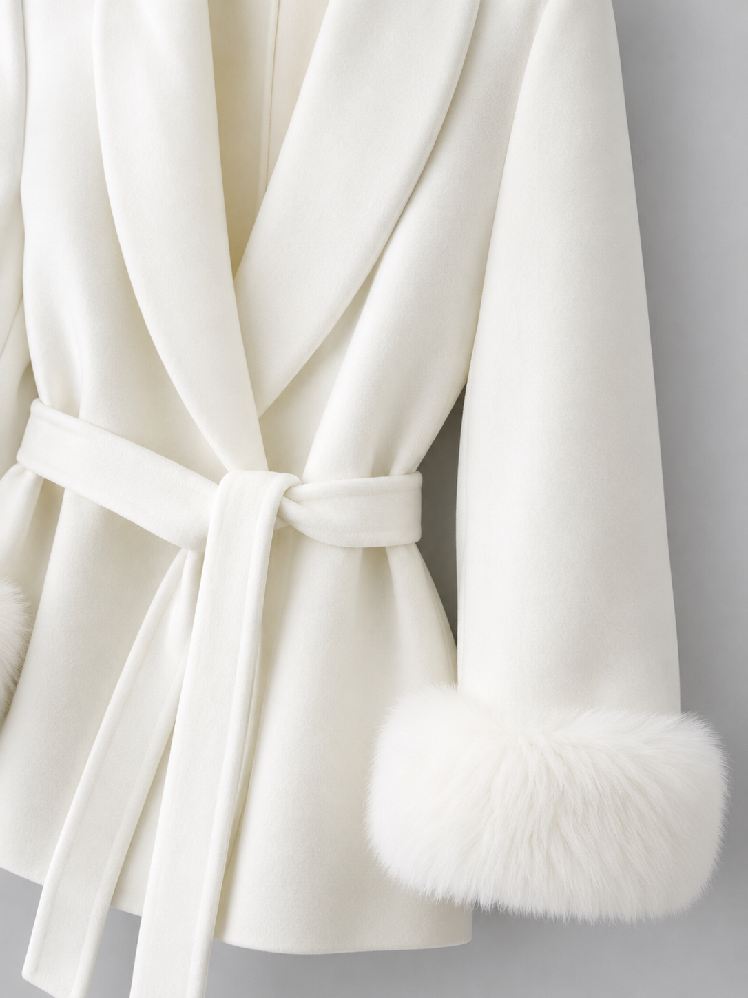 Cappotto Donna Corto con Cintura e Polsini in Pelliccia Sintetica