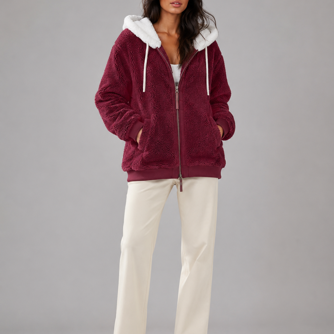 Felpa Donna in Pile Sherpa Oversize con Cappuccio e Zip