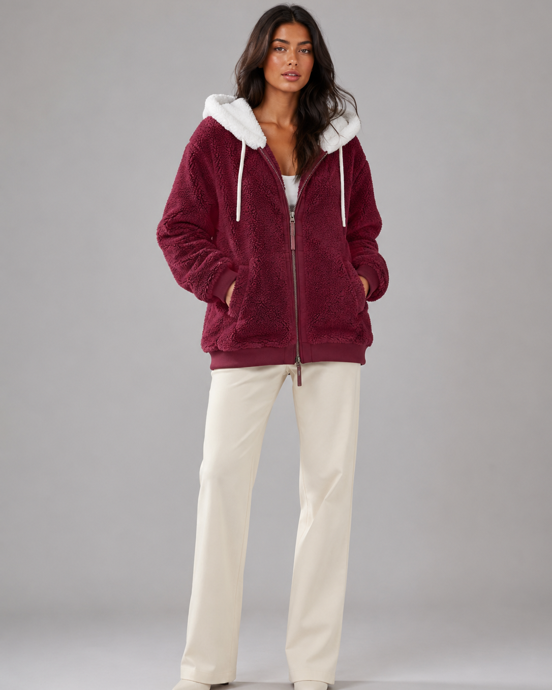 Felpa Donna in Pile Sherpa Oversize con Cappuccio e Zip