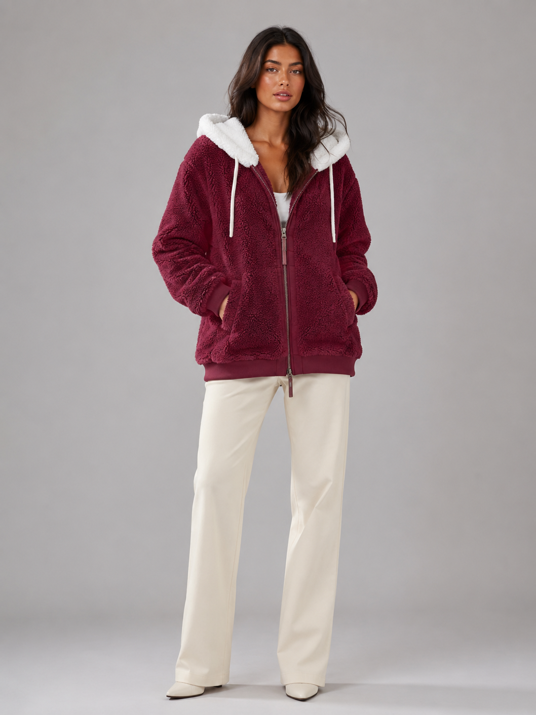 Felpa Donna in Pile Sherpa Oversize con Cappuccio e Zip