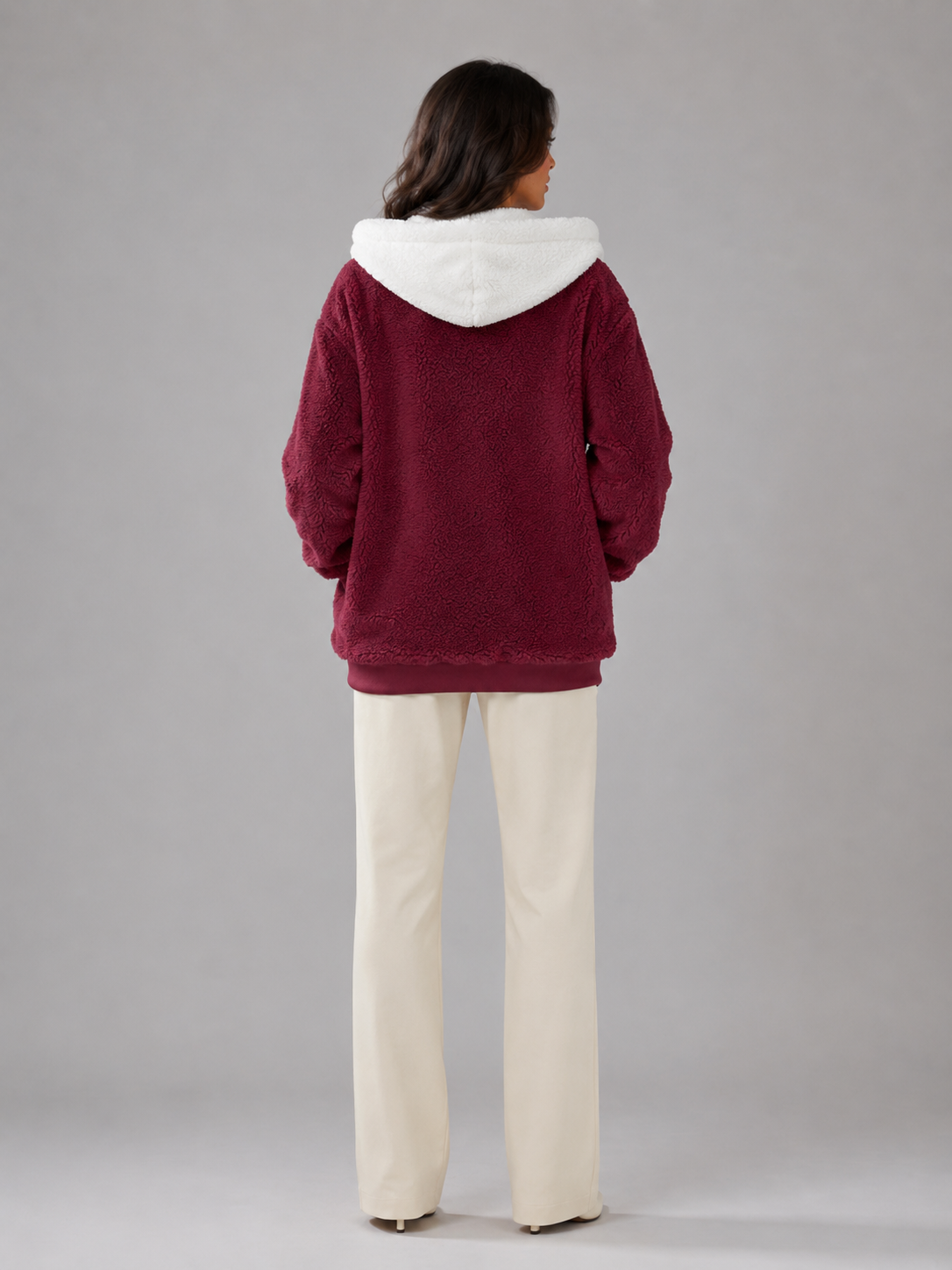 Felpa Donna in Pile Sherpa Oversize con Cappuccio e Zip