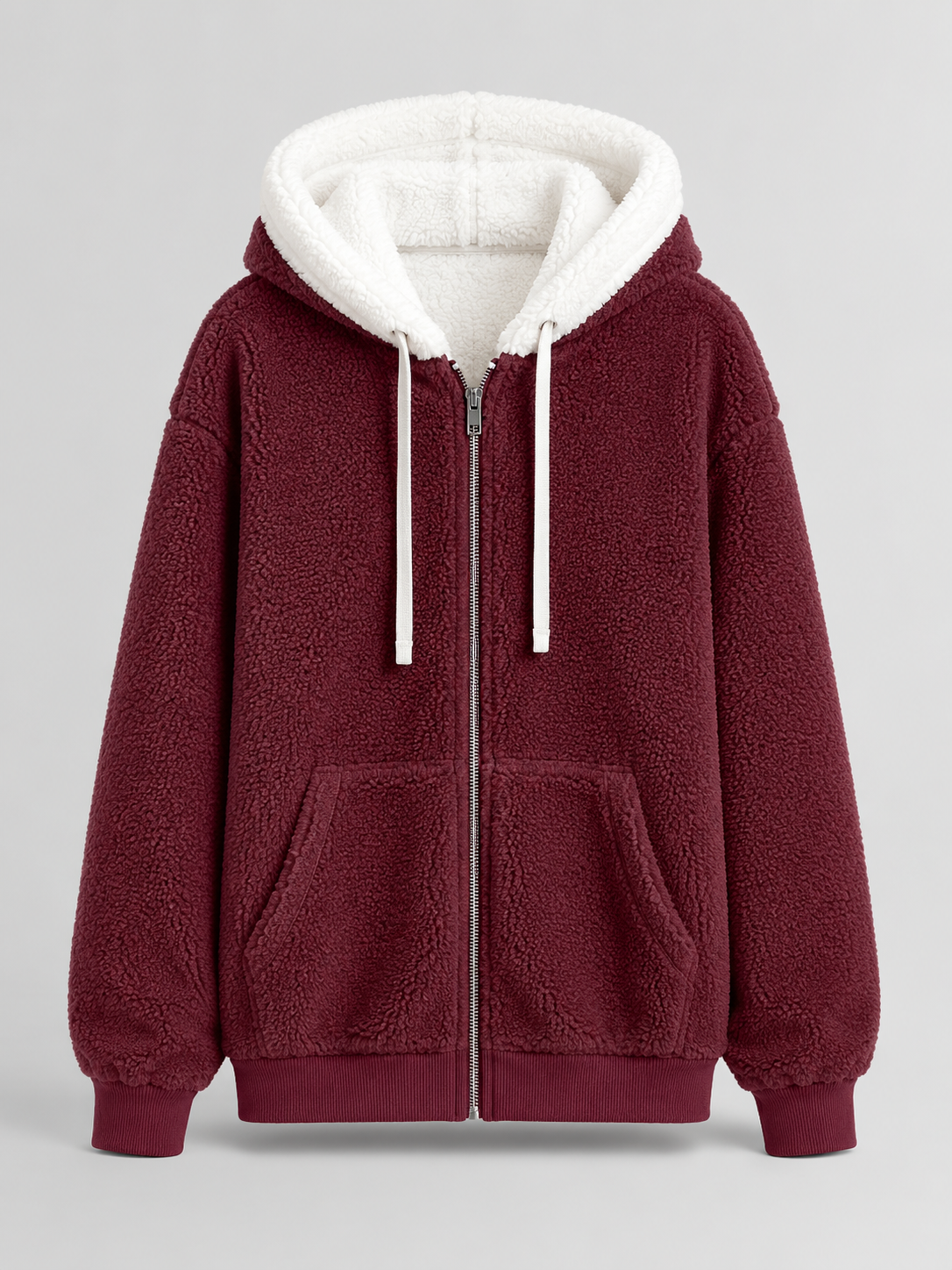 Felpa Donna in Pile Sherpa Oversize con Cappuccio e Zip
