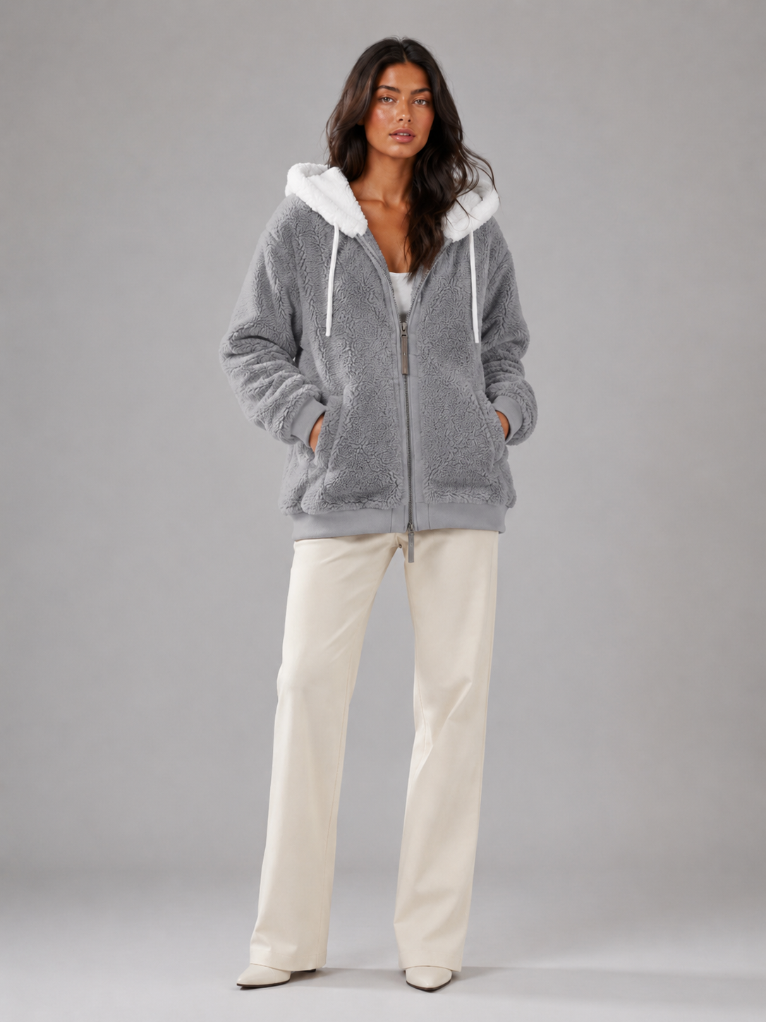 Felpa Donna in Pile Sherpa Oversize con Cappuccio e Zip