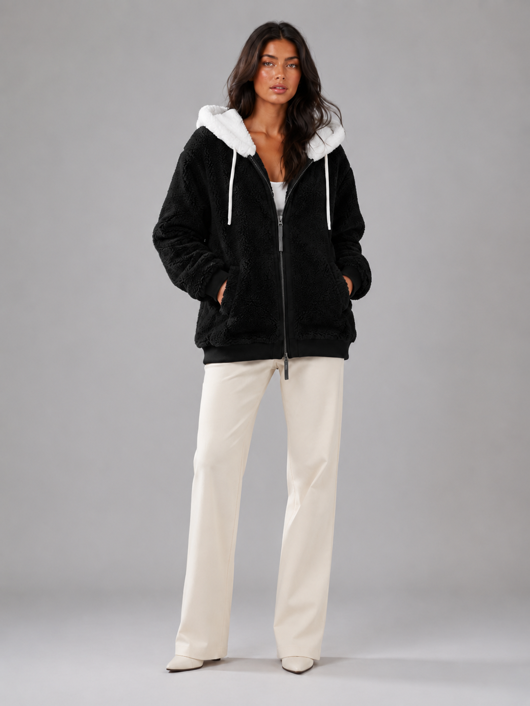 Felpa Donna in Pile Sherpa Oversize con Cappuccio e Zip