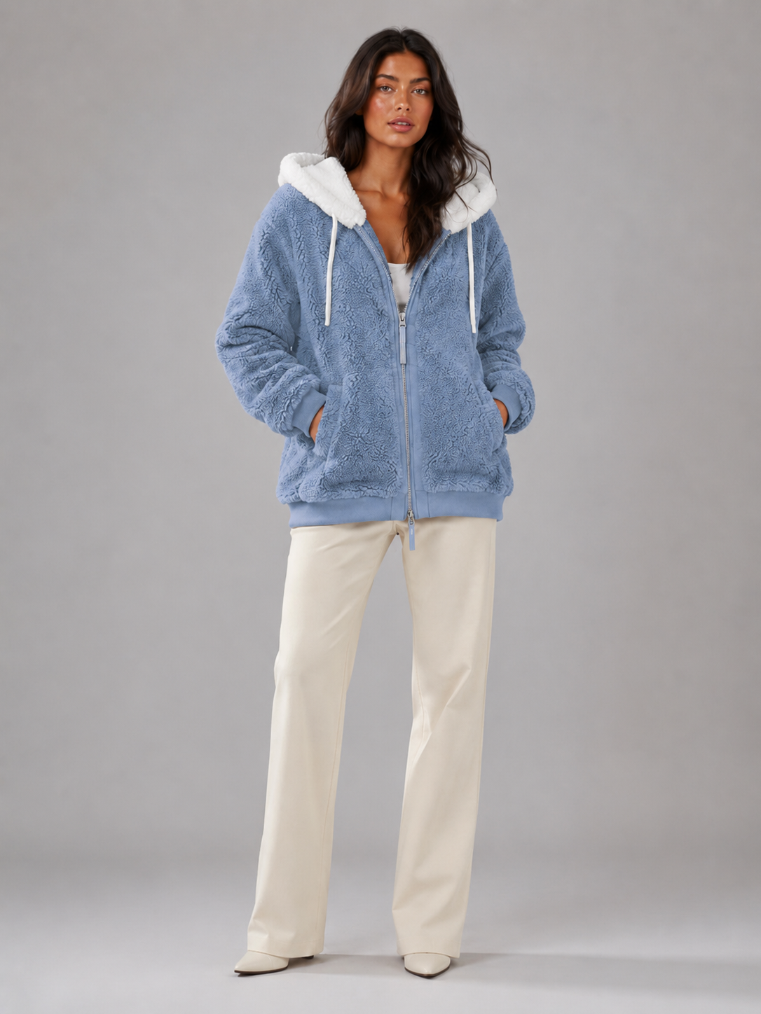 Felpa Donna in Pile Sherpa Oversize con Cappuccio e Zip