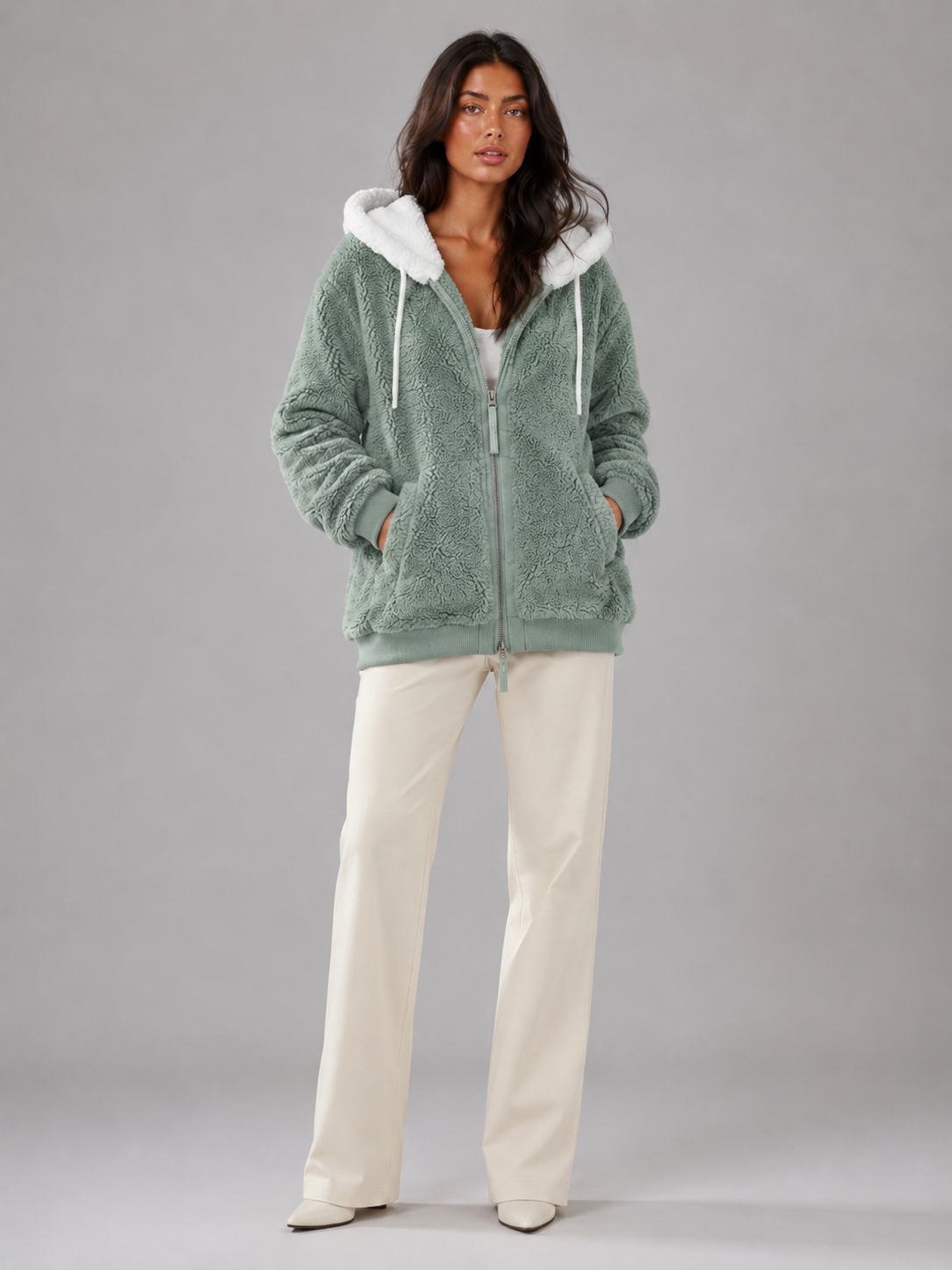 Felpa Donna in Pile Sherpa Oversize con Cappuccio e Zip