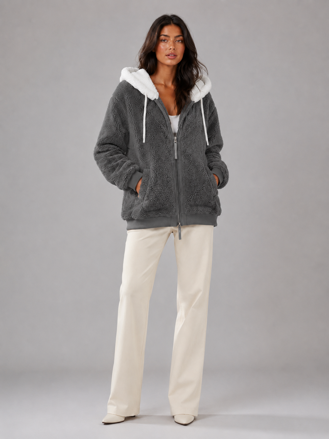 Felpa Donna in Pile Sherpa Oversize con Cappuccio e Zip