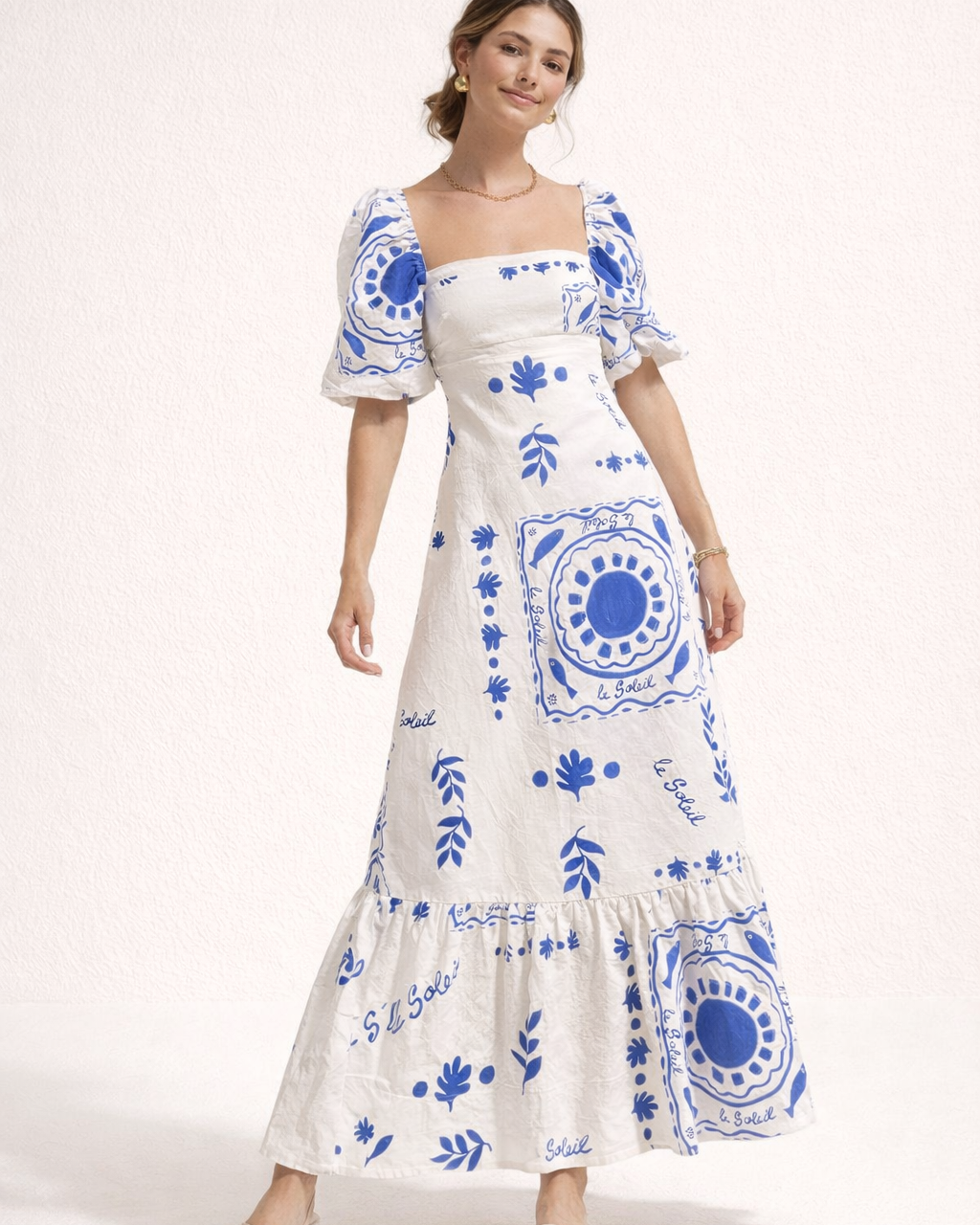 Vestito Midi Donna Stampato Scollo Quadrato Elegante