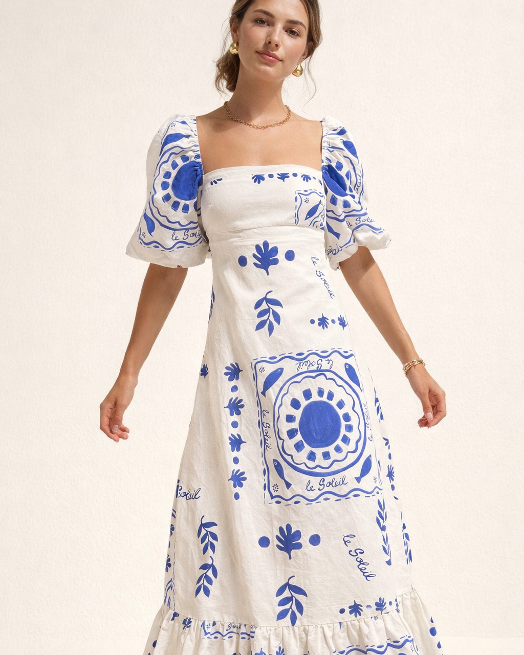 Vestito Midi Donna Stampato Scollo Quadrato Elegante