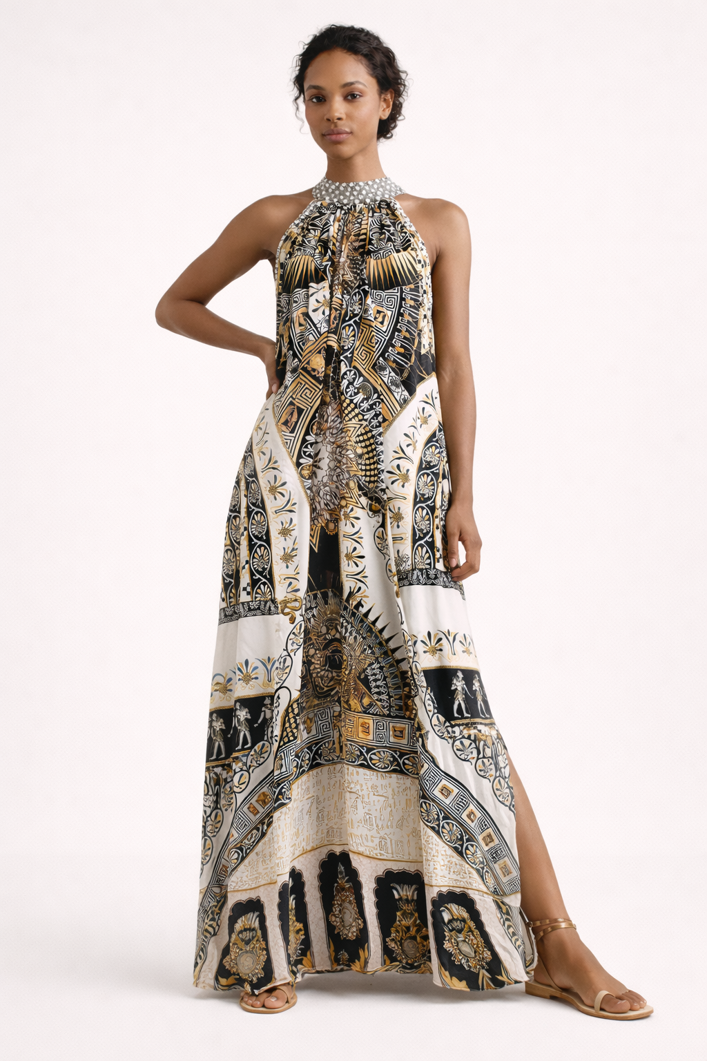 Aurazio Vestito Maxi Stampa Grafica Scollo Halter da Donna