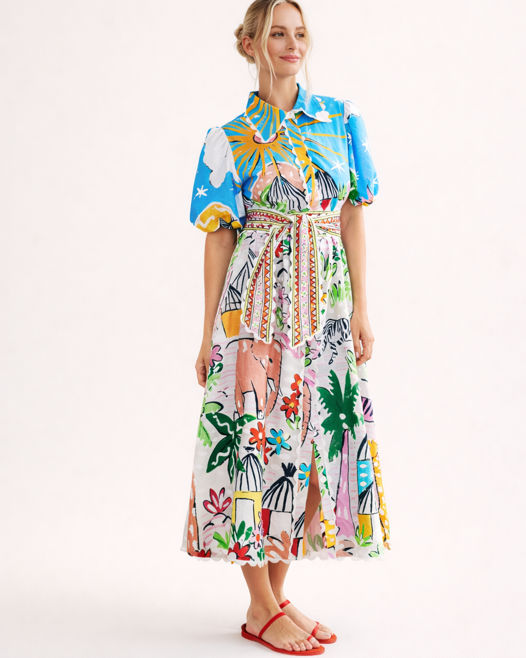 Vestito Midi Donna Stampa Tropicale Estivo