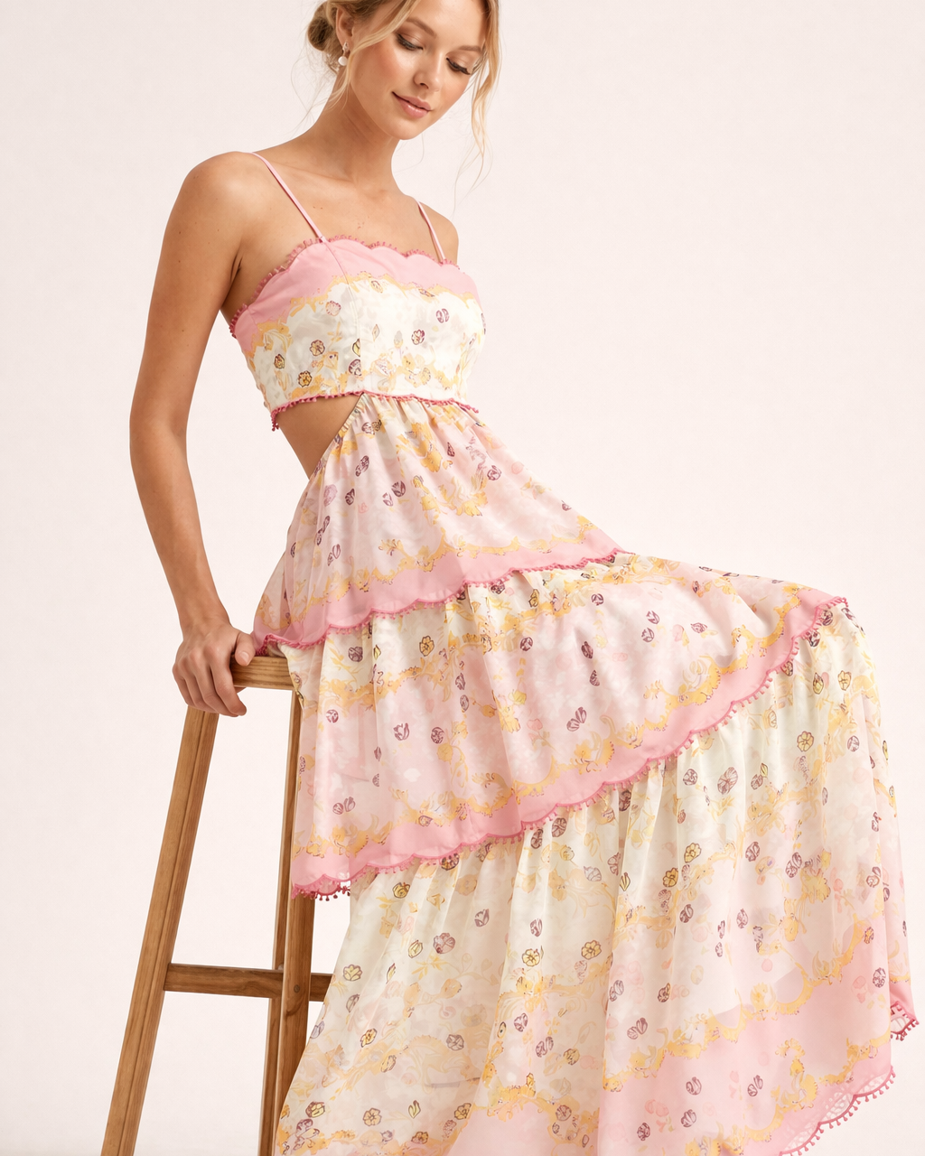 Abito Midi Donna Spalline Sottili Gonna a Strati Estivo