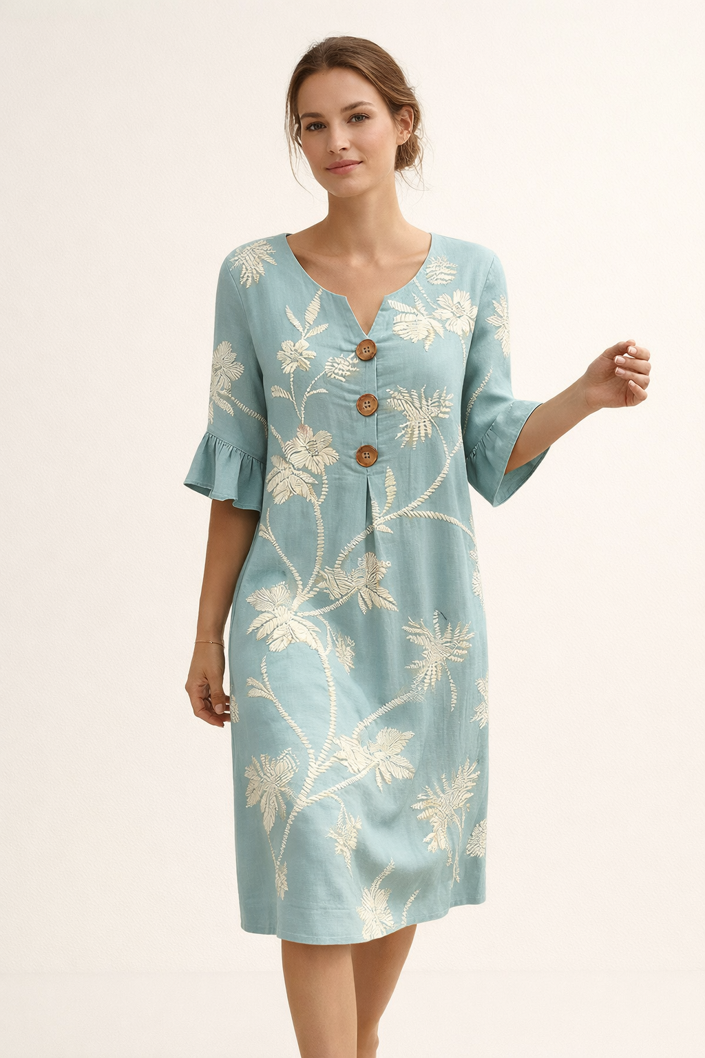 Aurazio Vestito Midi Floreale con Bottoni da Donna