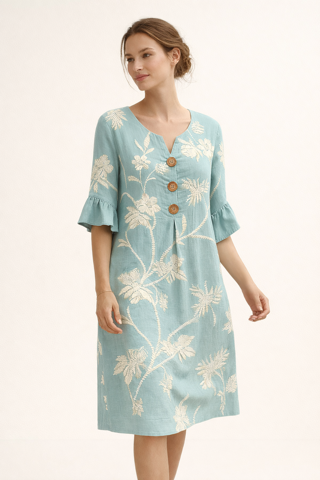 Aurazio Vestito Midi Floreale con Bottoni da Donna