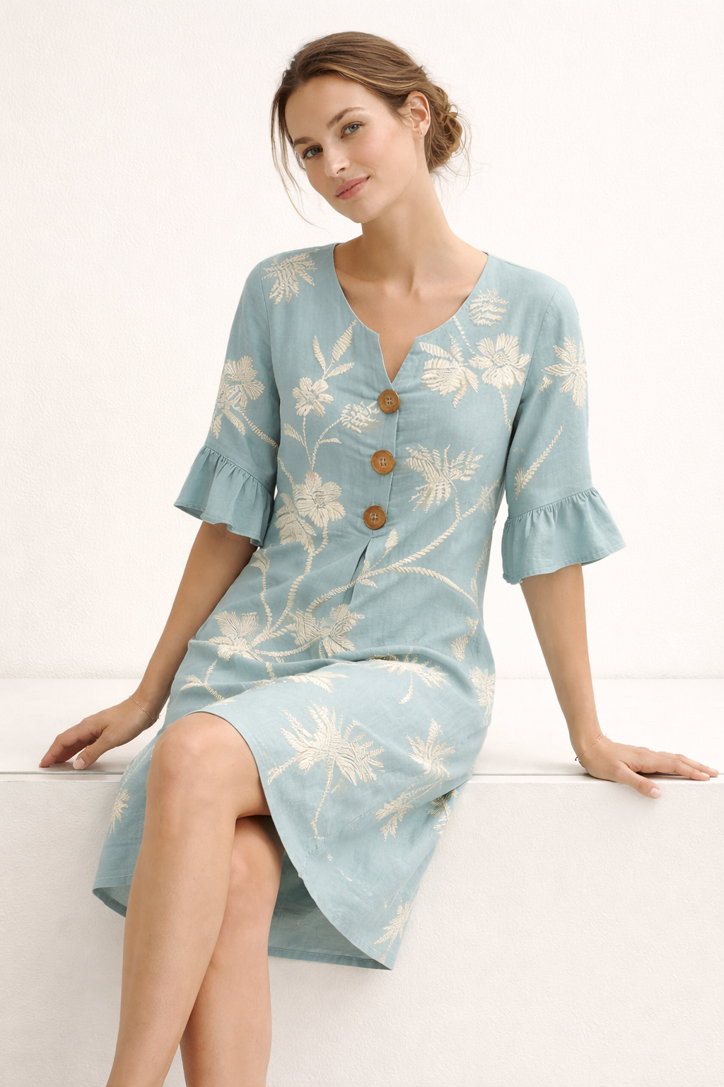 Aurazio Vestito Midi Floreale con Bottoni da Donna
