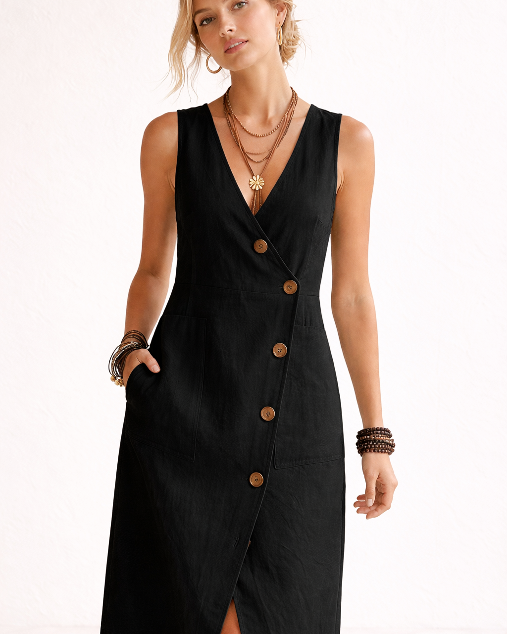 Abito Midi Donna Wrap Bottoni Scollo a V Estivo