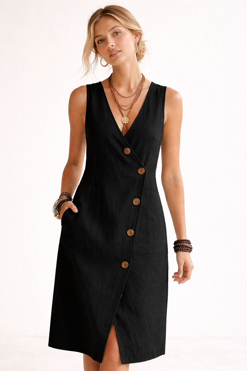 Aurazio Vestito Midi Avvolgente Bottoni Scollo a V per Donna