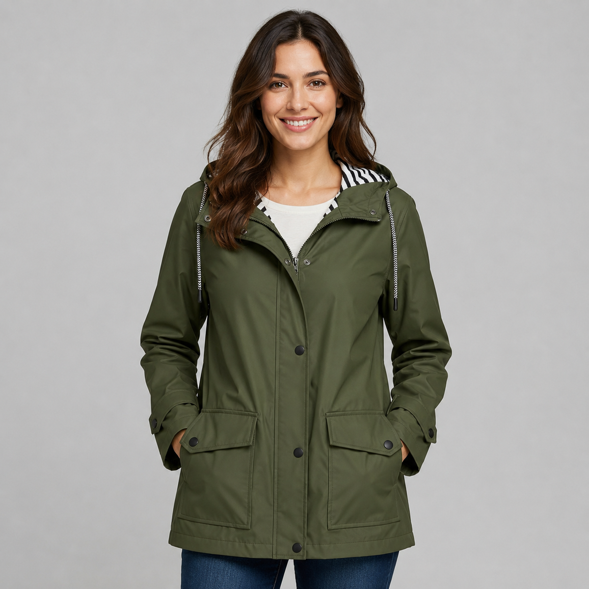 Trench Donna Lungo con Cappuccio Abbottonato in Poliestere Foderato