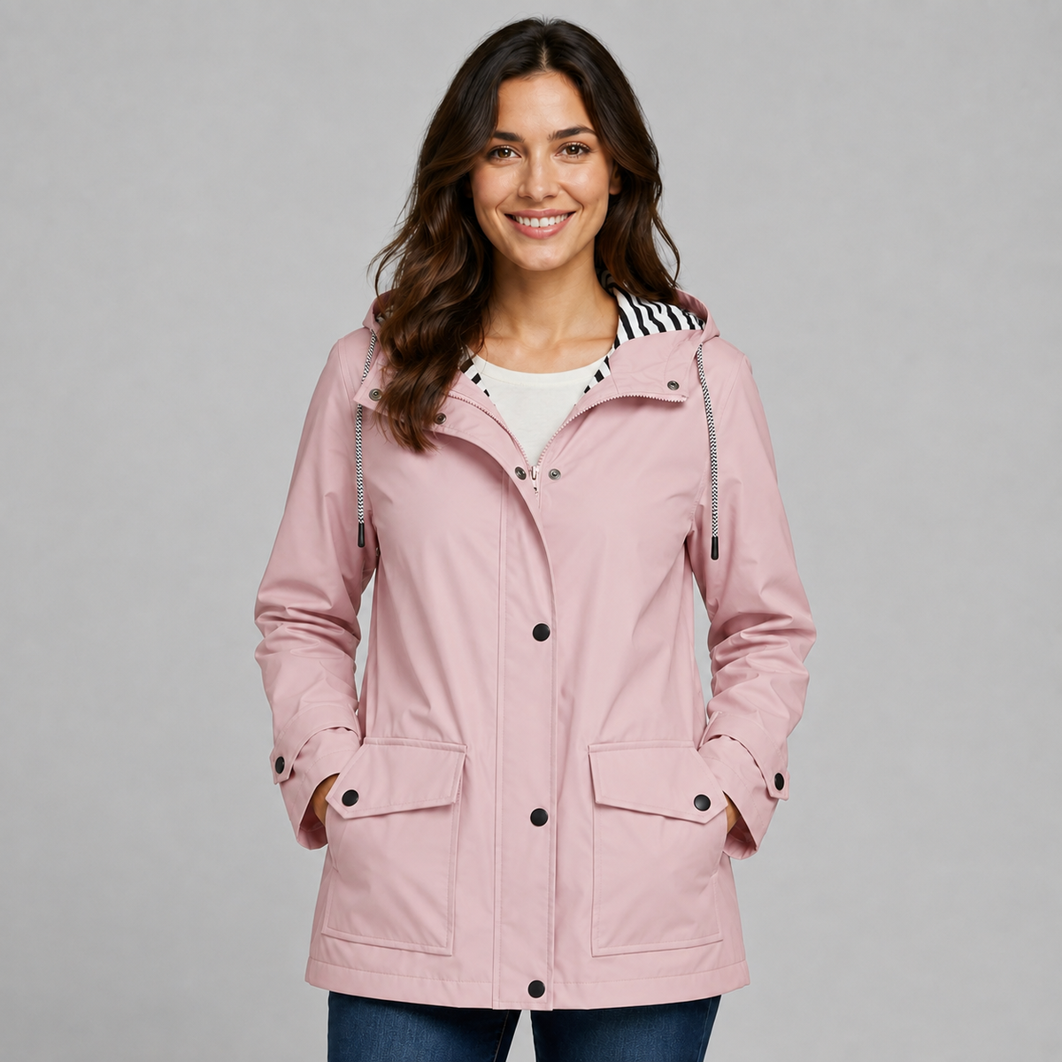 Trench Donna Lungo con Cappuccio Abbottonato in Poliestere Foderato
