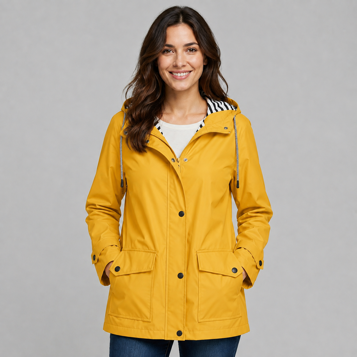 Trench Donna Lungo con Cappuccio Abbottonato in Poliestere Foderato