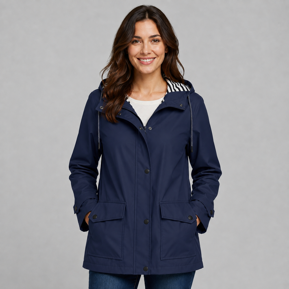 Trench Donna Lungo con Cappuccio Abbottonato in Poliestere Foderato