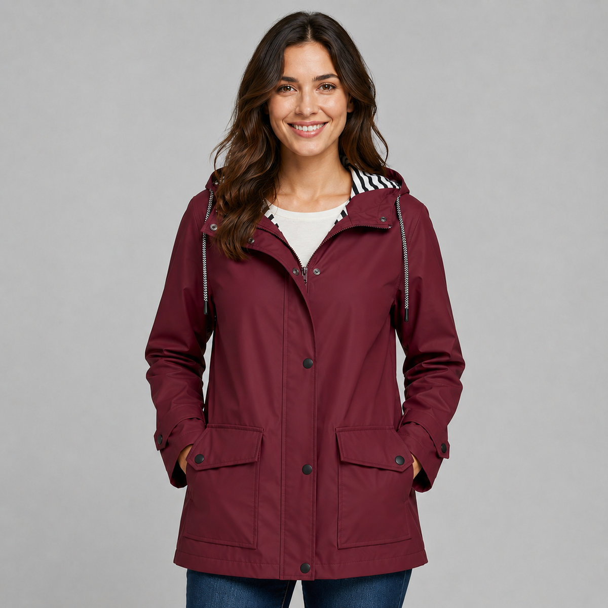 Trench Donna Lungo con Cappuccio Abbottonato in Poliestere Foderato