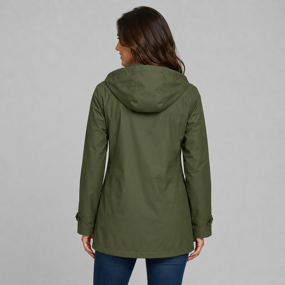 Trench Donna Lungo con Cappuccio Abbottonato in Poliestere Foderato