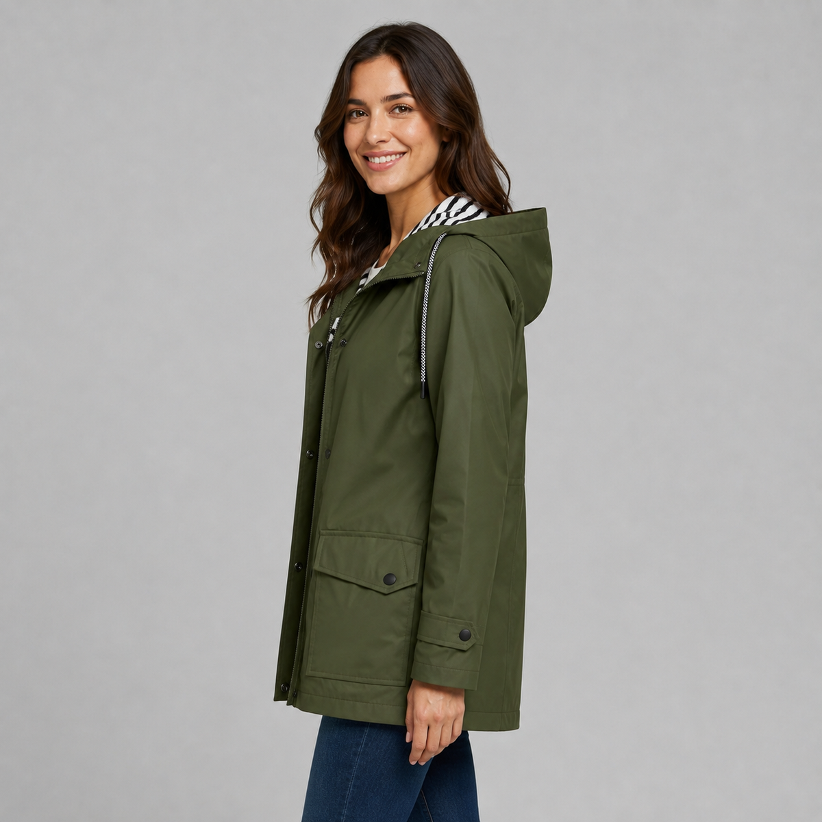 Trench Donna Lungo con Cappuccio Abbottonato in Poliestere Foderato