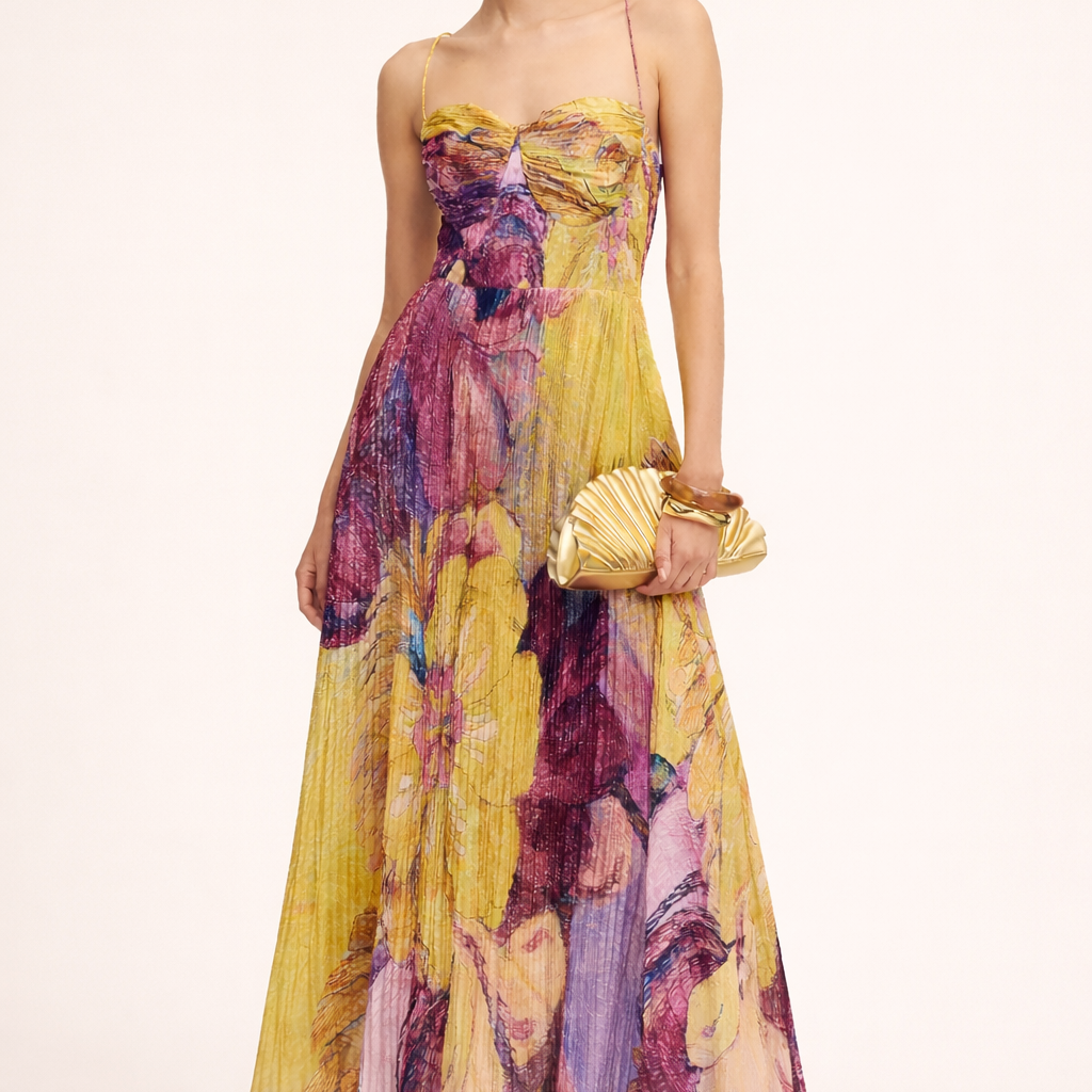 Aurazio Abito Maxi Elegante Con Plissé Floreale