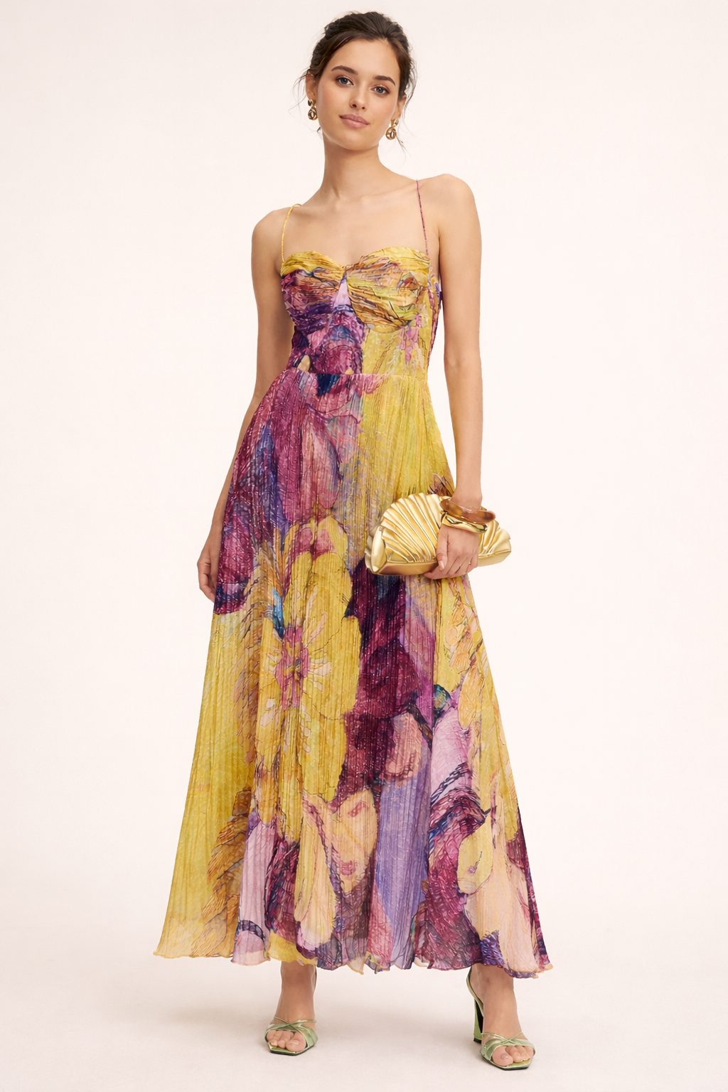 Aurazio Abito Maxi Elegante Con Plissé Floreale