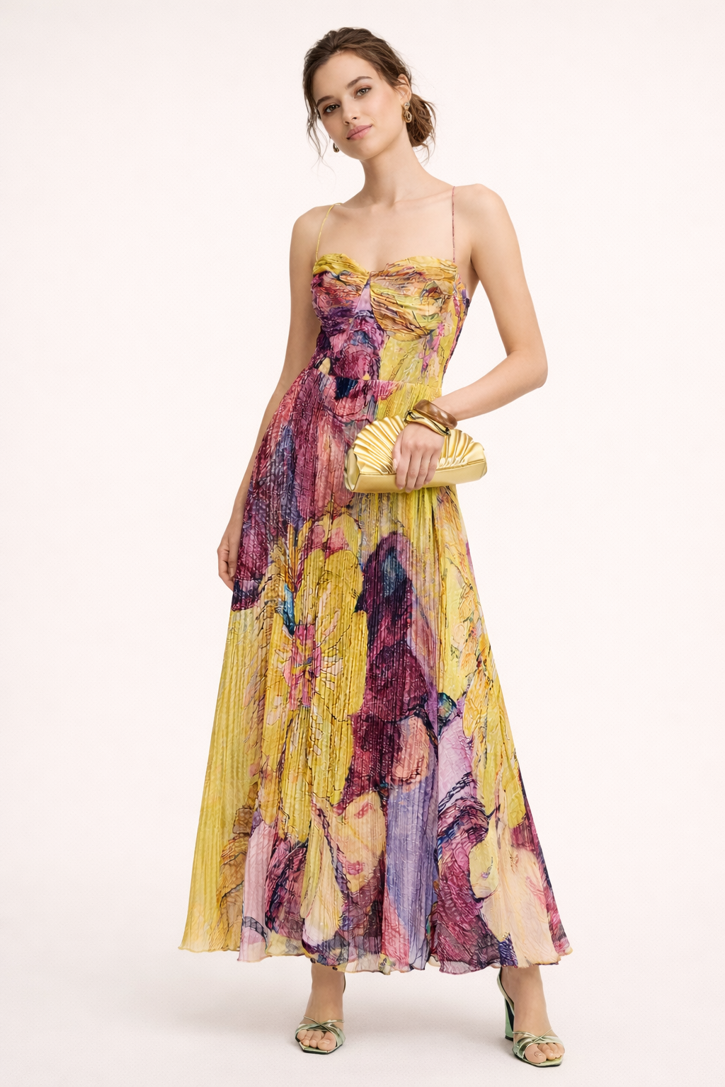 Aurazio Abito Maxi Elegante Con Plissé Floreale