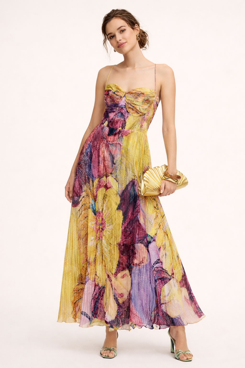 Aurazio Abito Maxi Elegante Con Plissé Floreale