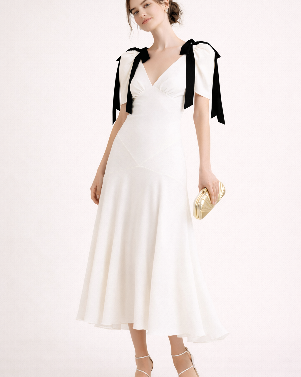 Abito Midi Donna Scollo a V Lacci Decorativi