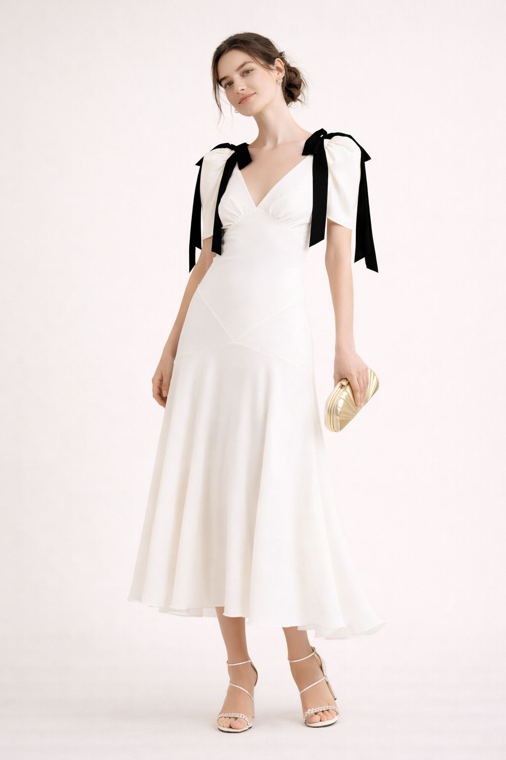 Aurazio Abito Midi Da Donna Con Scollo A V E Lacci Decorativi