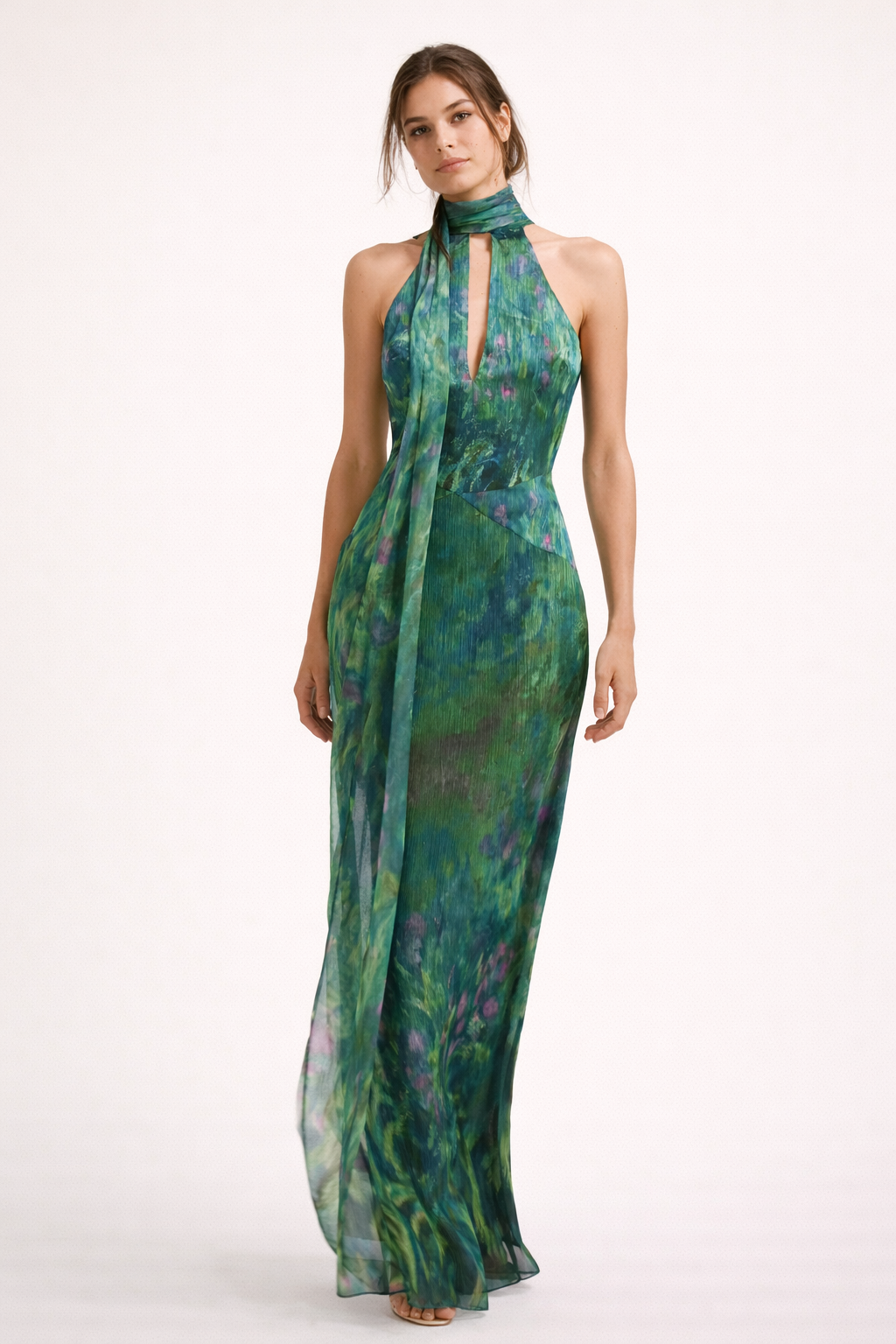 Abito Lungo Donna Scollo Halter Collo Alto Fluido