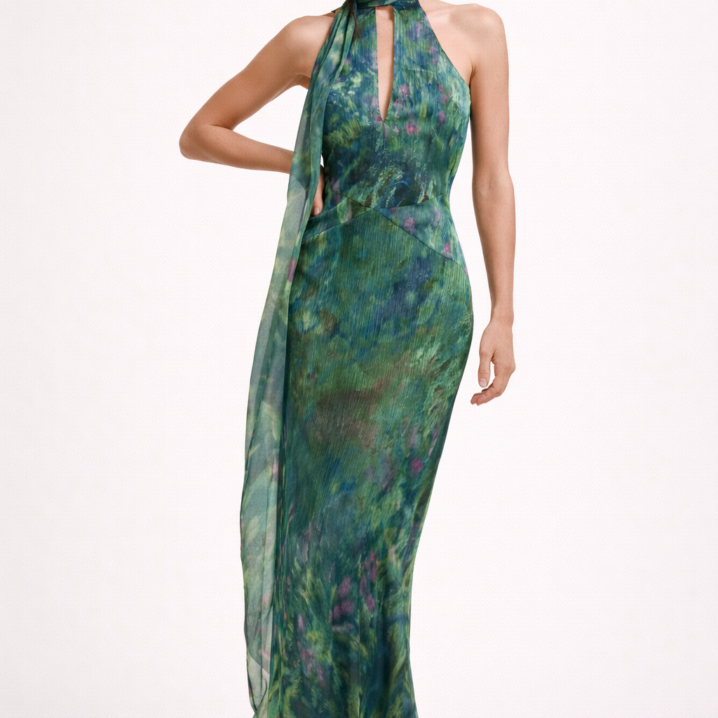 Abito Lungo Donna Scollo Halter Collo Alto Fluido
