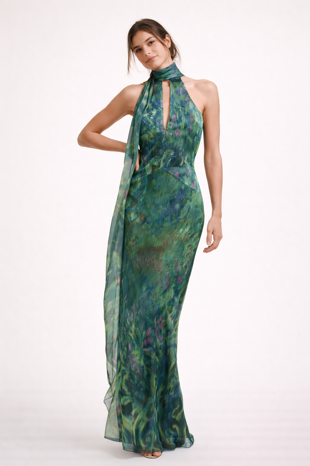 Abito Lungo Donna Scollo Halter Collo Alto Fluido