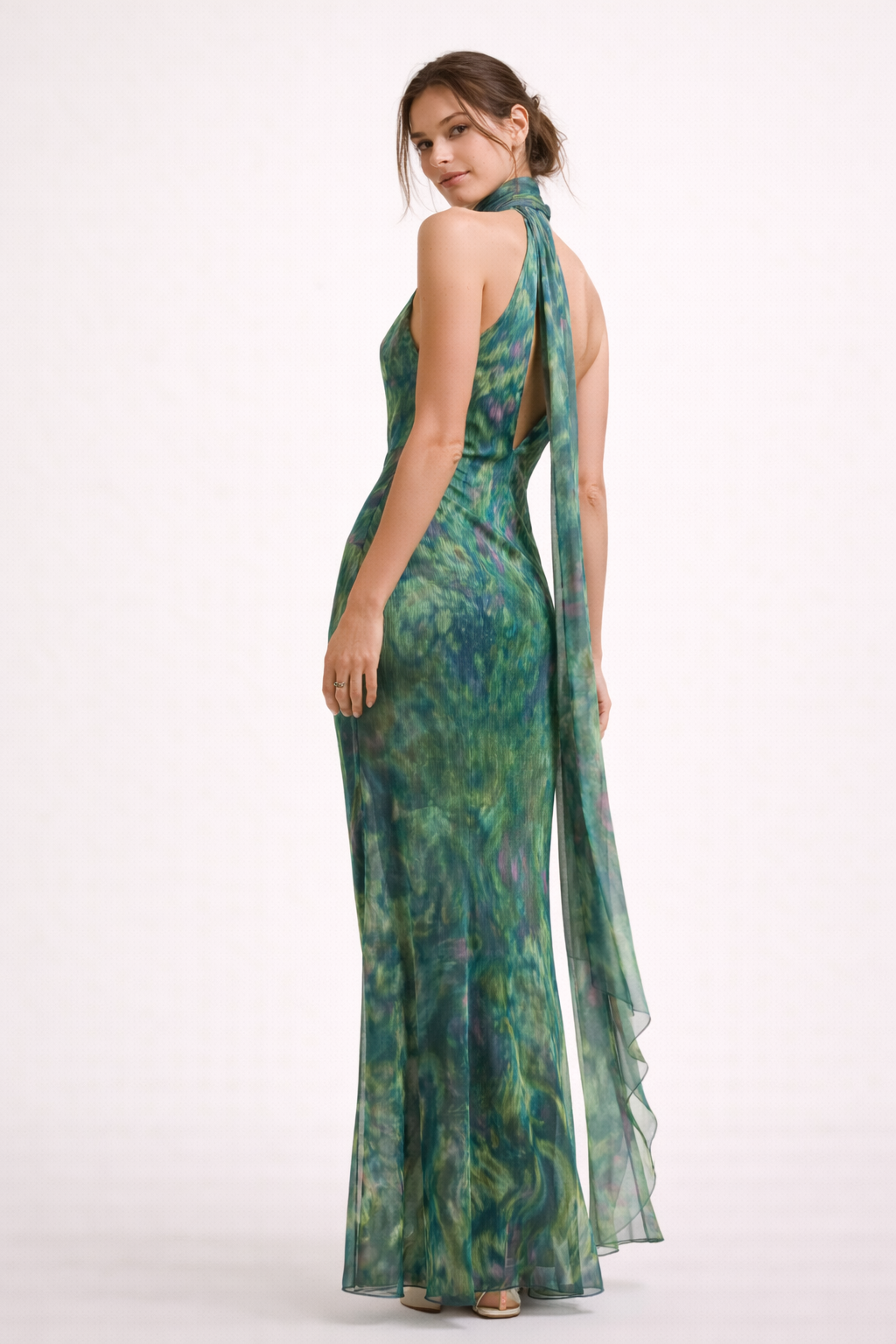 Abito Lungo Donna Scollo Halter Collo Alto Fluido