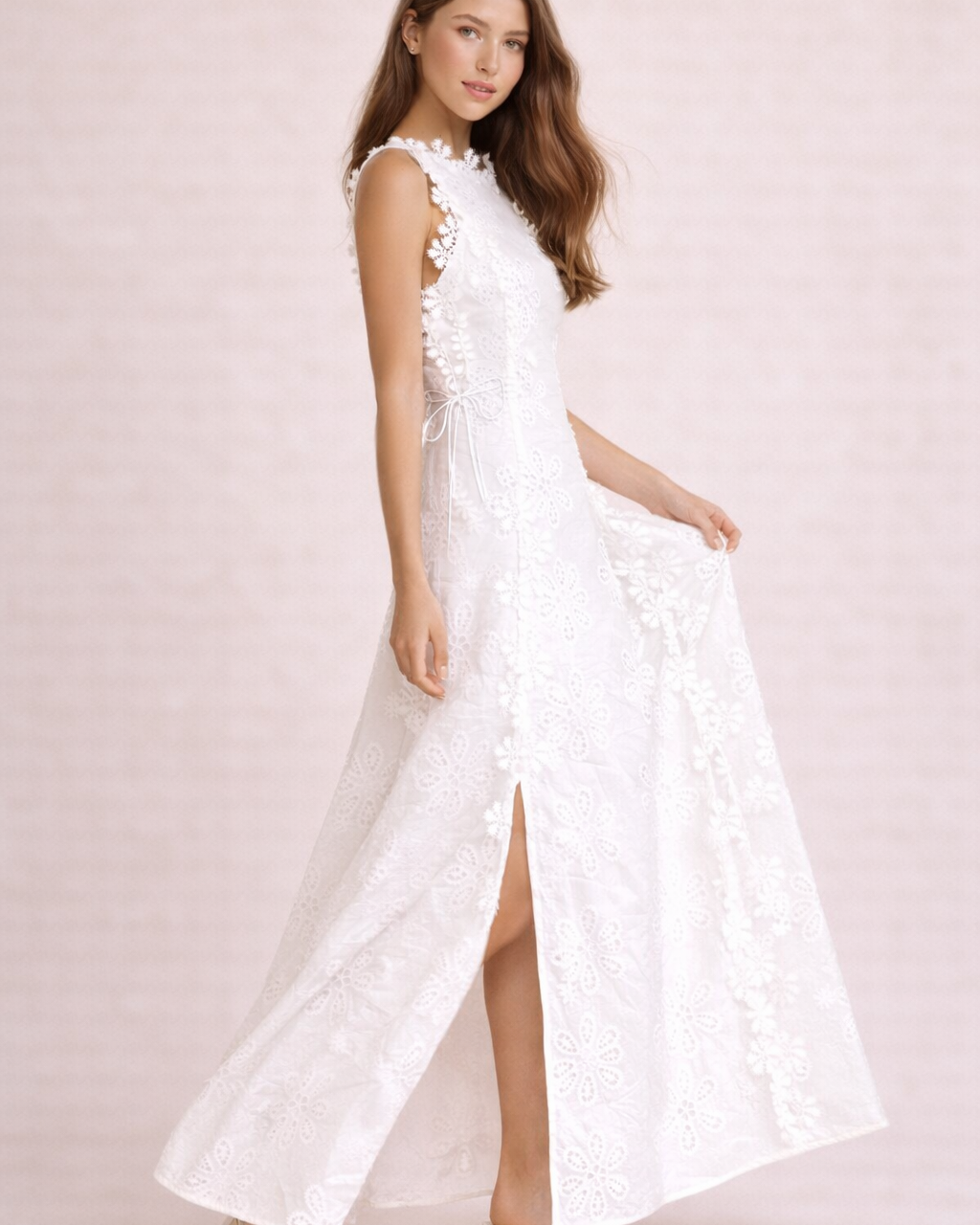 Abito Lungo Donna Texture Floreale con Lacci