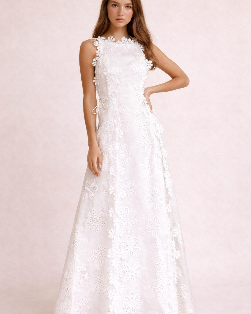 Abito Lungo Donna Texture Floreale con Lacci