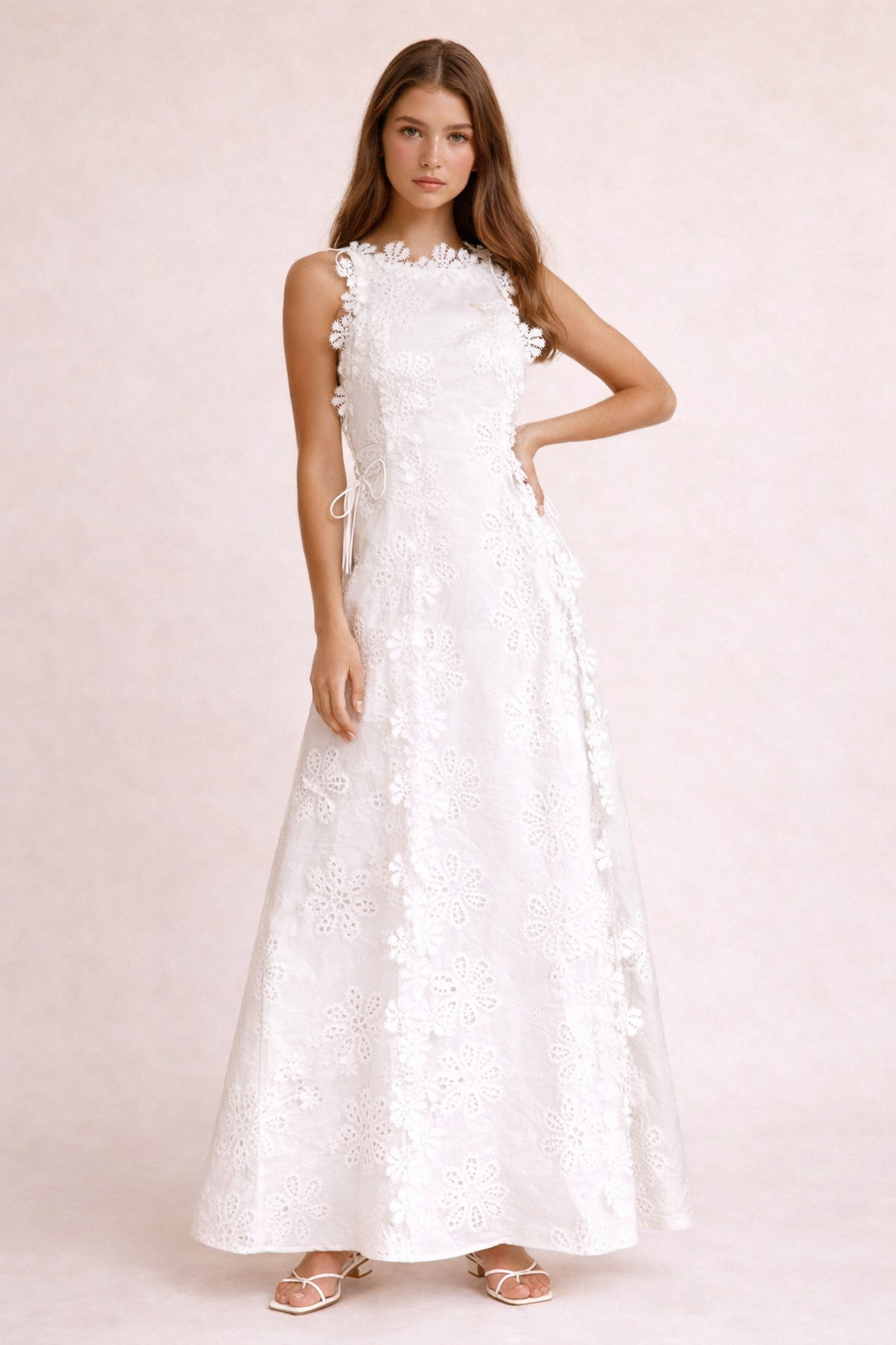 Aurazio Abito Lungo Da Donna Con Texture Floreale E Lacci