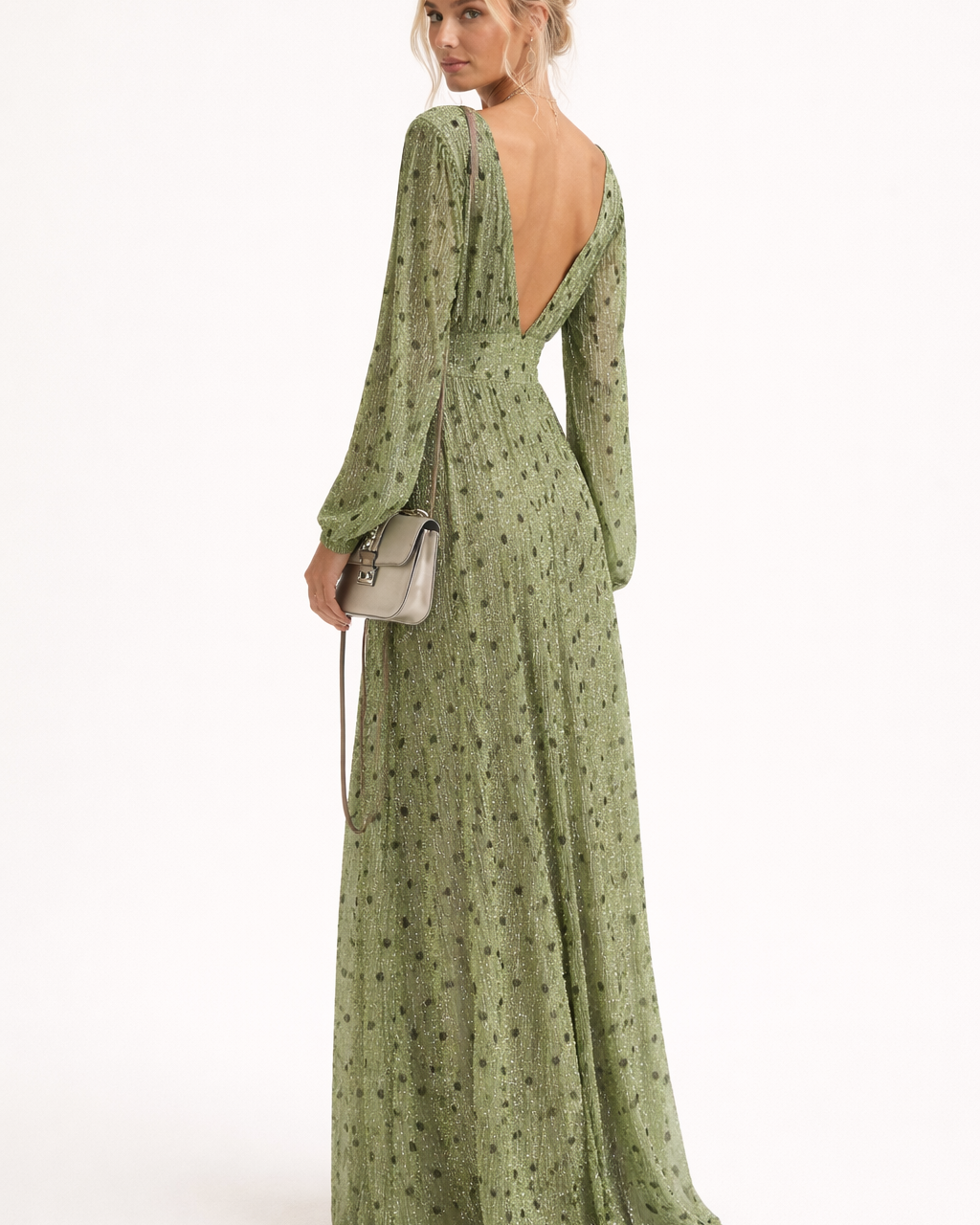 Vestito Lungo Donna a Pois Scollo a V Maniche Lunghe