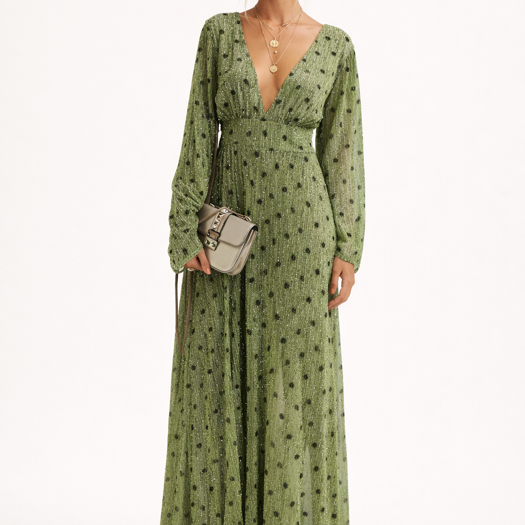 Aurazio Vestito Lungo a Pois con Scollo a V per Donna