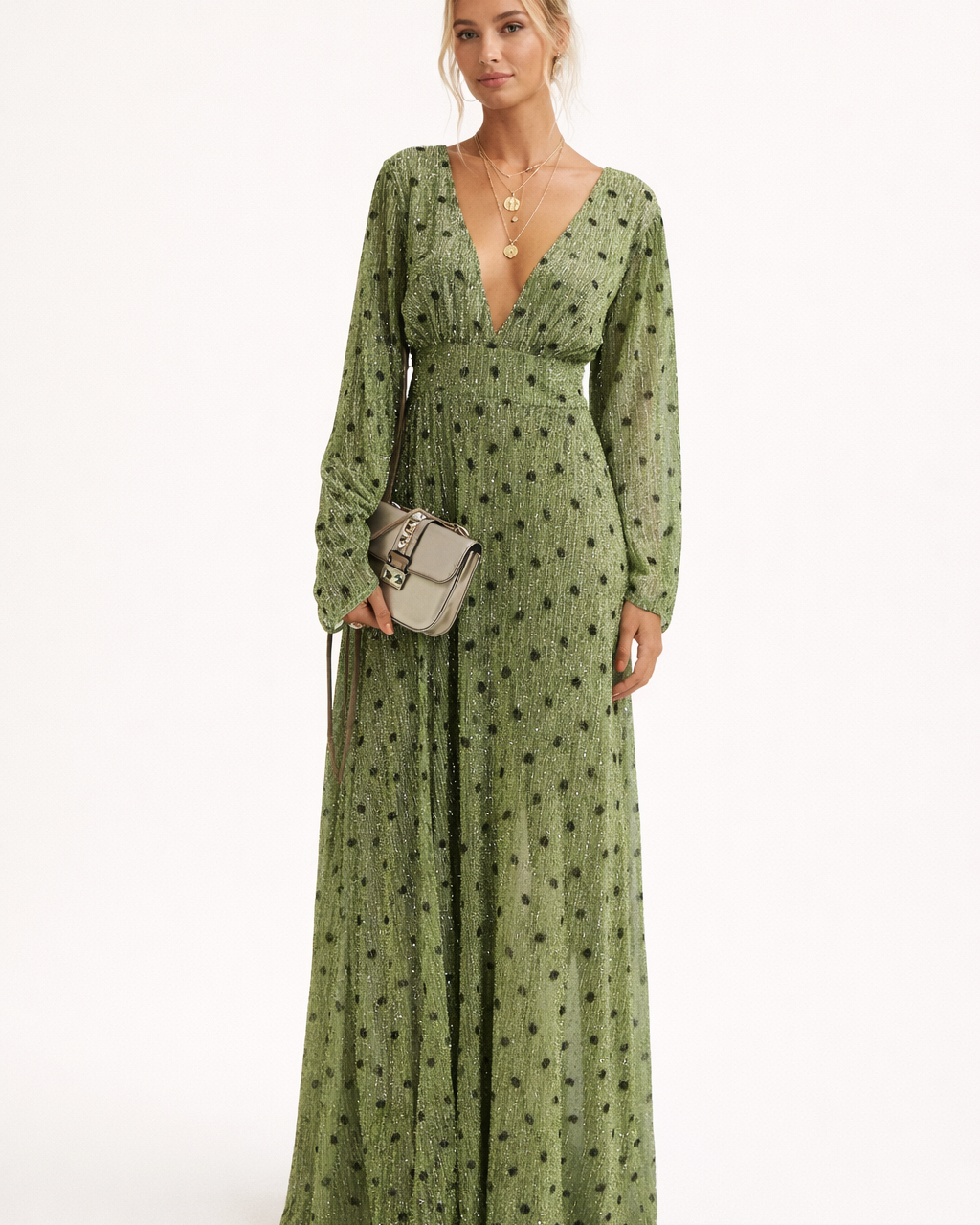 Vestito Lungo Donna a Pois Scollo a V Maniche Lunghe