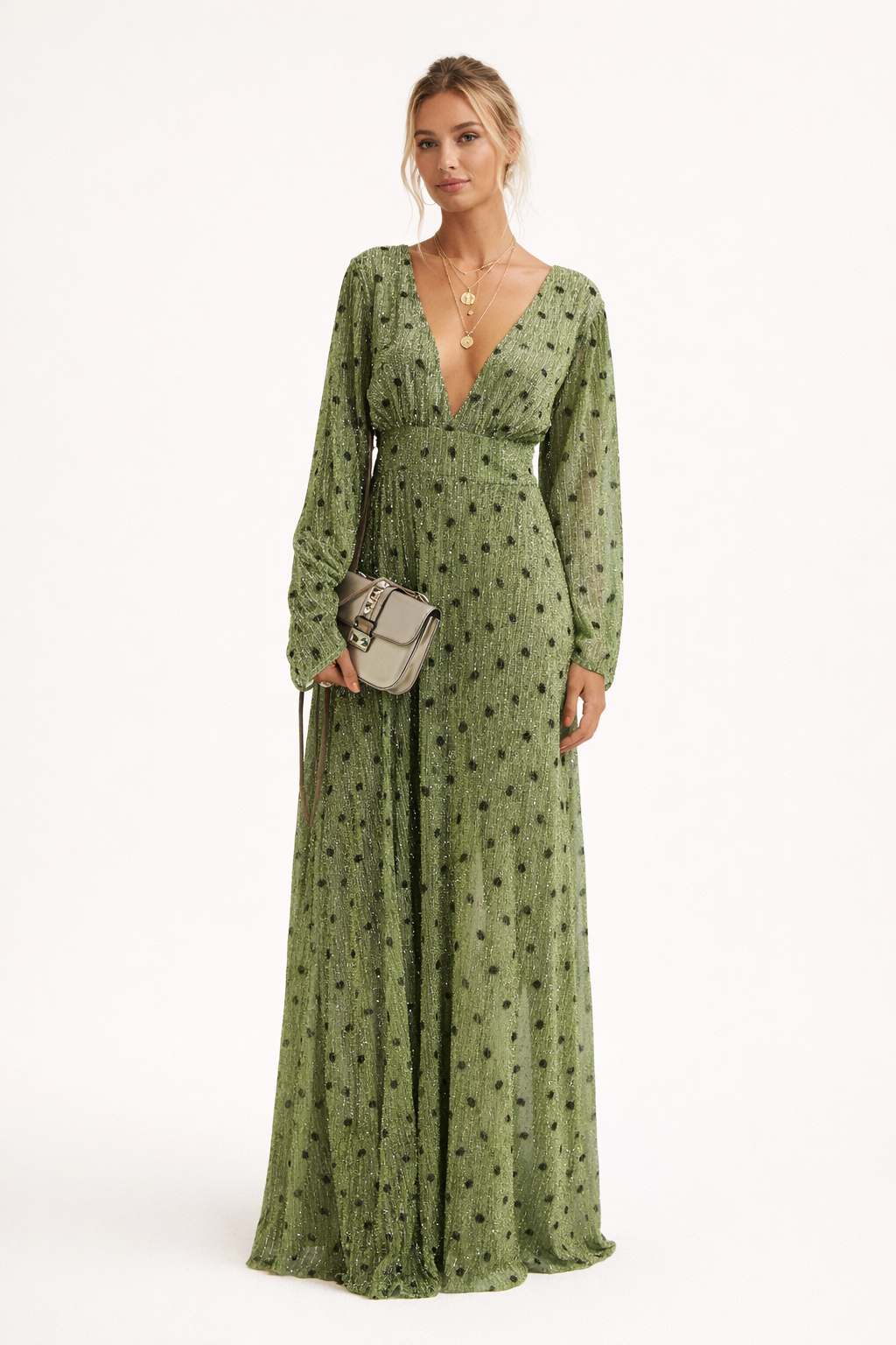 Aurazio Vestito Lungo a Pois con Scollo a V per Donna