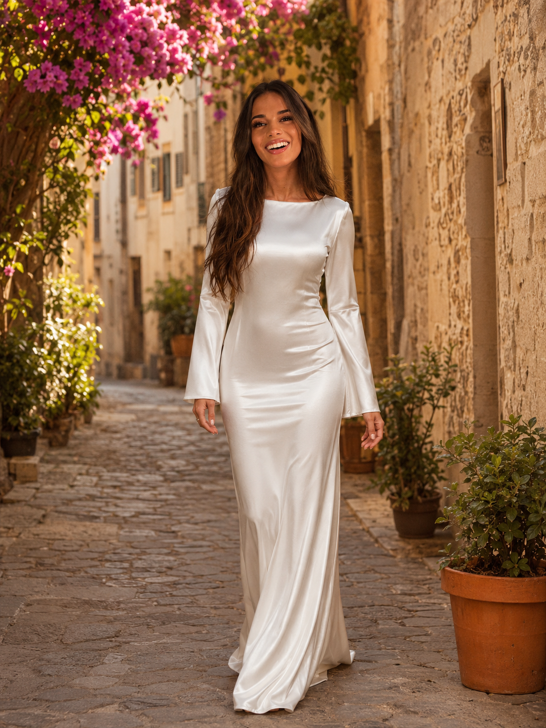 Abito Lungo Donna Effetto Raso Scollo a Cappuccio Maniche Lunghe