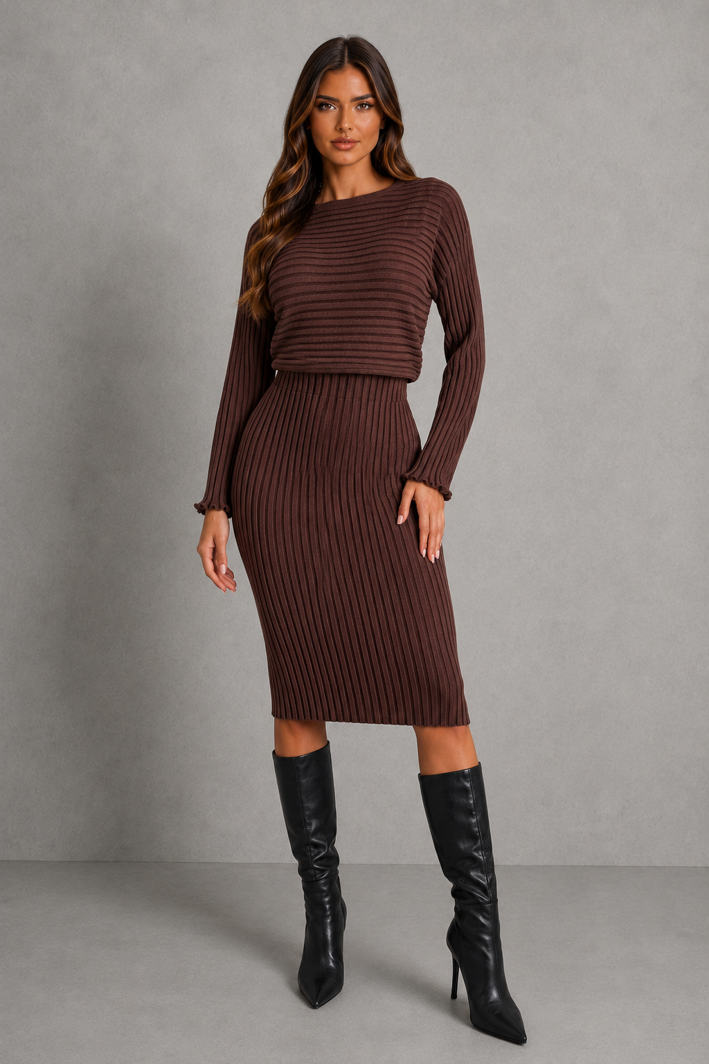 Completo Donna in Maglia Abito a Coste e Maglione Corto