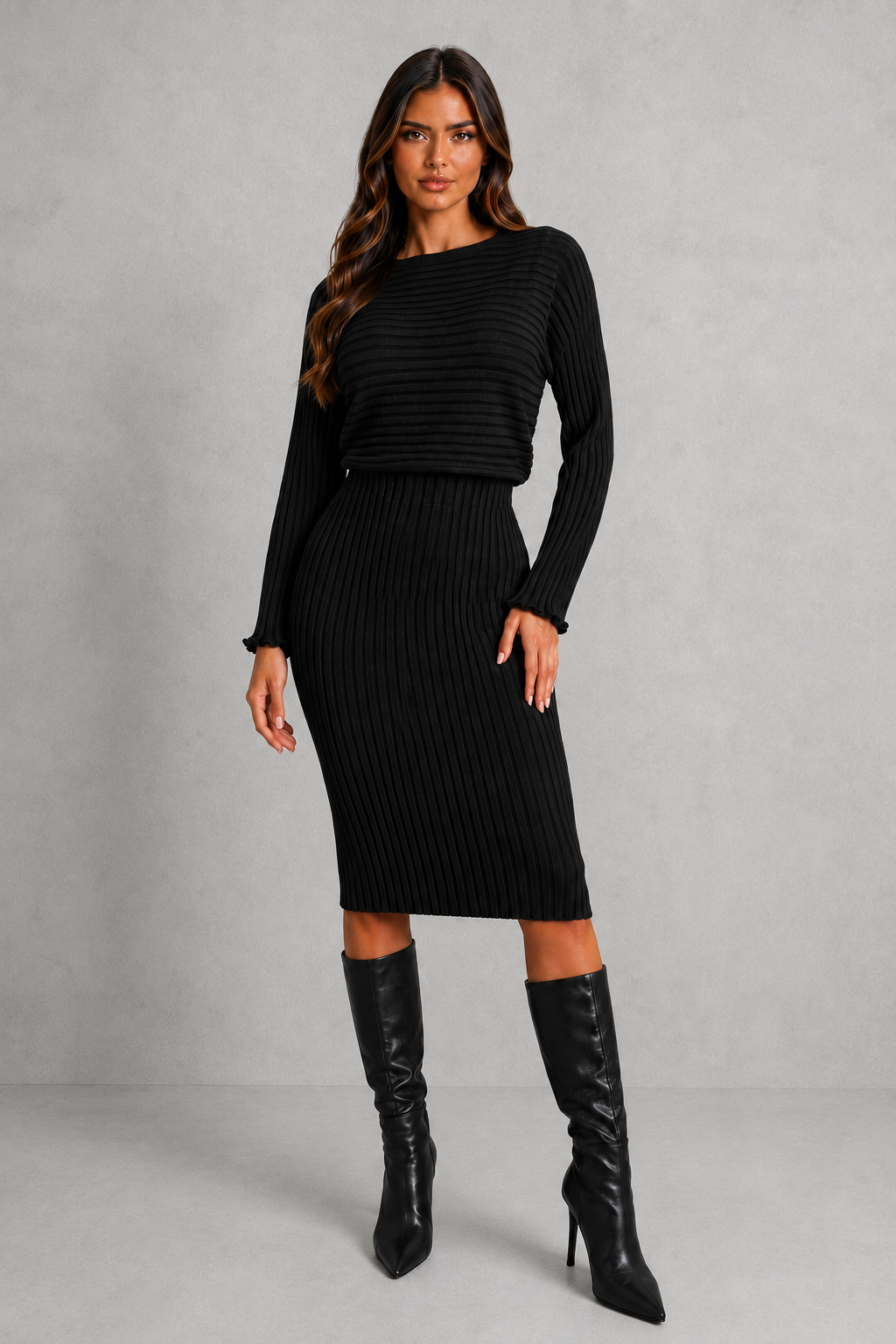 Completo Donna in Maglia Abito a Coste e Maglione Corto