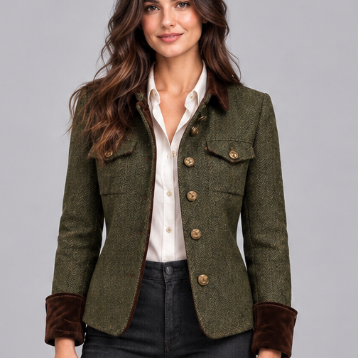 Giacca Donna in Tweed Spigato Trapuntata Polsini in Velluto